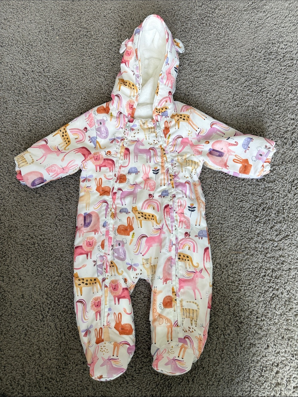 Unbranded White & Pink Animal Print Hooded Baby One-Piece